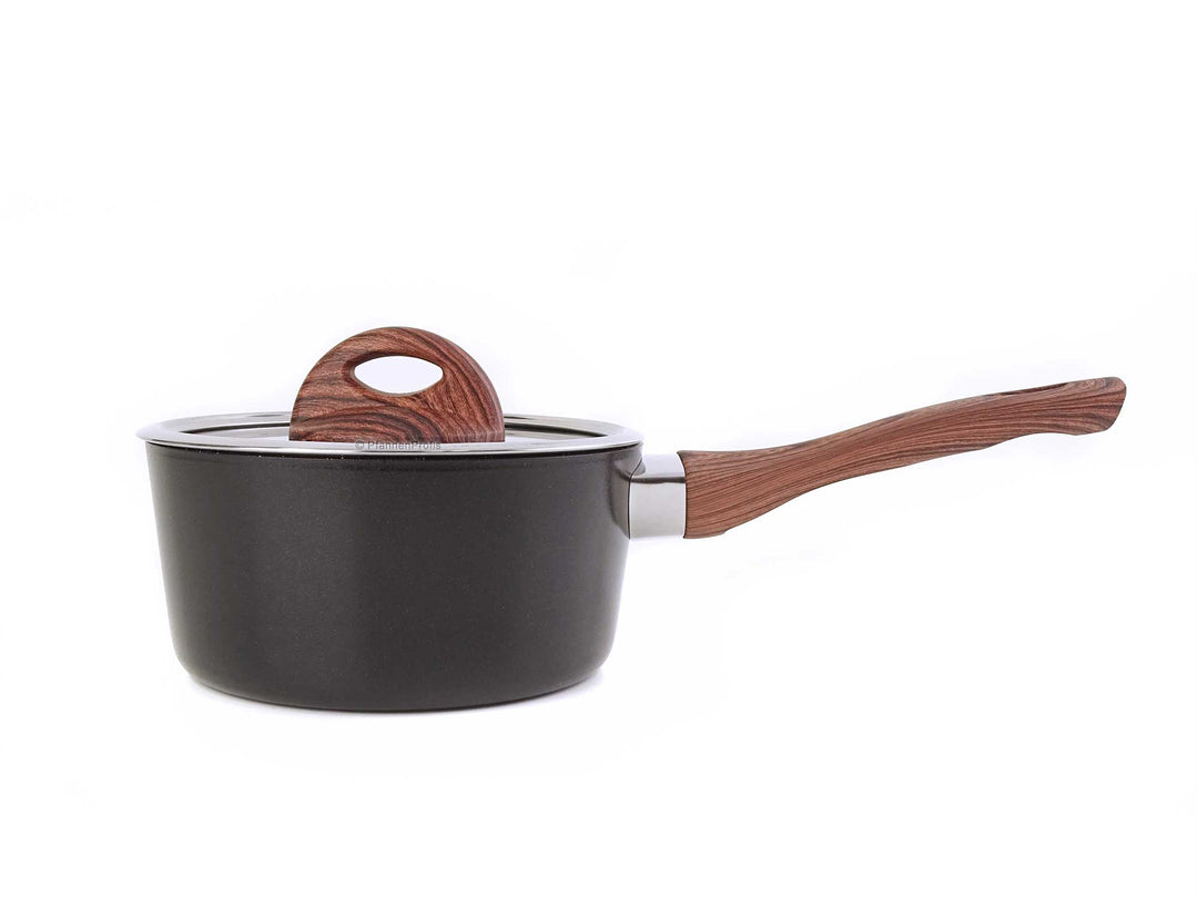 CELAR Kasserolle CLASSY WOOD 16 cm Stieltopf keramikbeschichtet mit Deckel