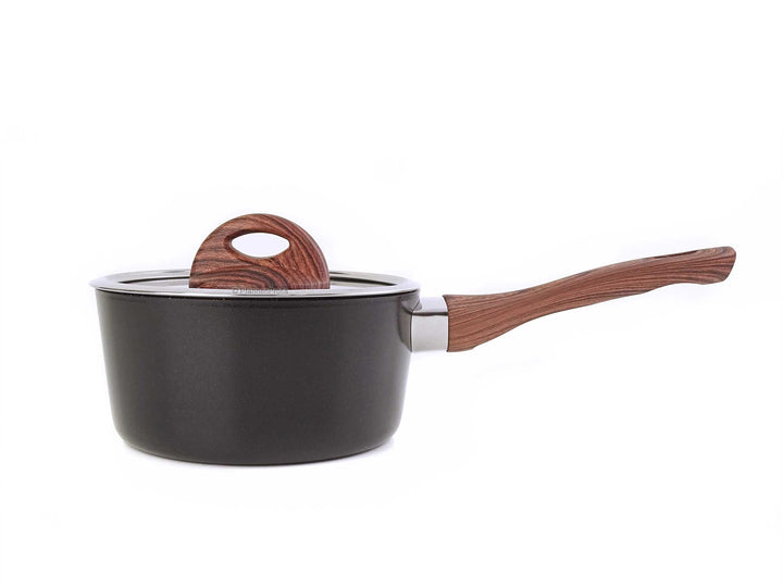 CELAR Kasserolle CLASSY WOOD 16 cm Stieltopf keramikbeschichtet mit Deckel