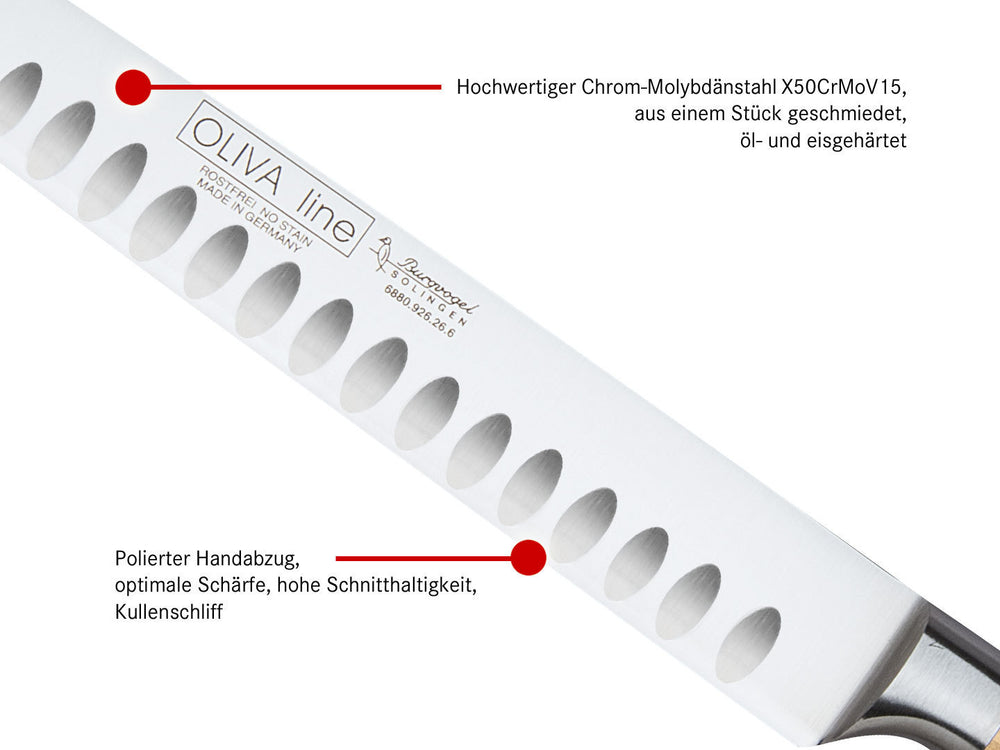 BURGVOGEL Solingen Schinkenmesser Kullenschliff OLIVA LINE 26 cm geschmiedet Holzgriff