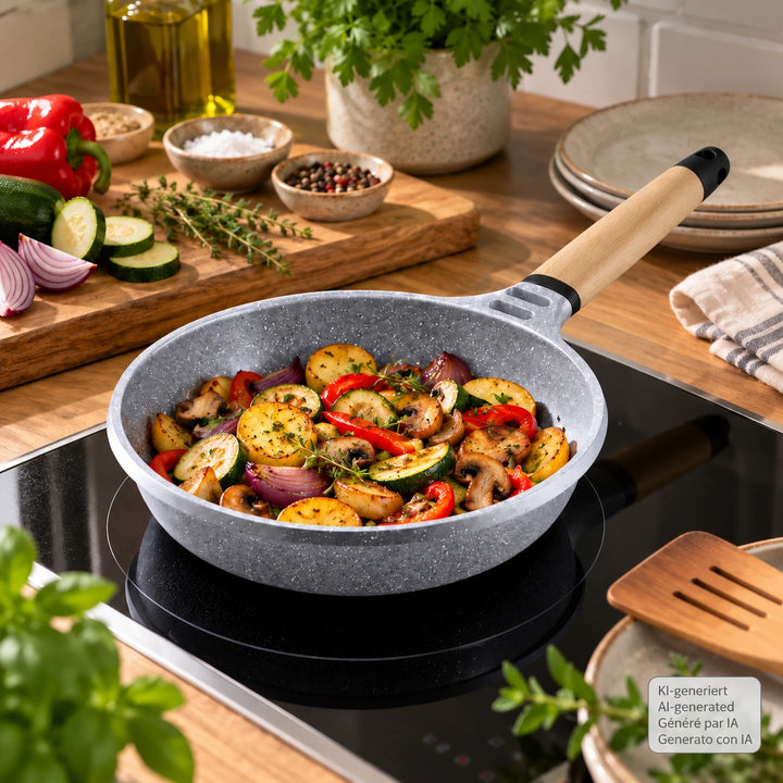 CASTEY Alu Guss Bratpfanne STONE CERAMIC 24 cm PFAS-frei abnehmbarer Holzgriff Induktion