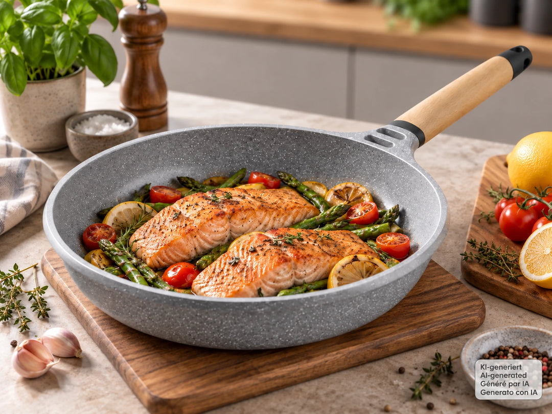 CASTEY Alu Guss Bratpfanne STONE CERAMIC 28 cm PFAS-frei abnehmbarer Holzgriff Induktion