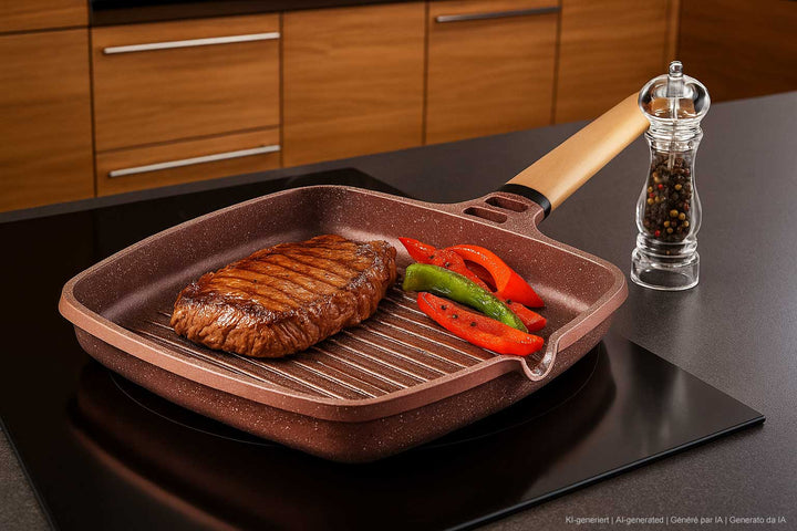CASTEY Alu Guss Grillpfanne TERRACOTA 27 x 27 cm abnehmbarer Griff Induktion