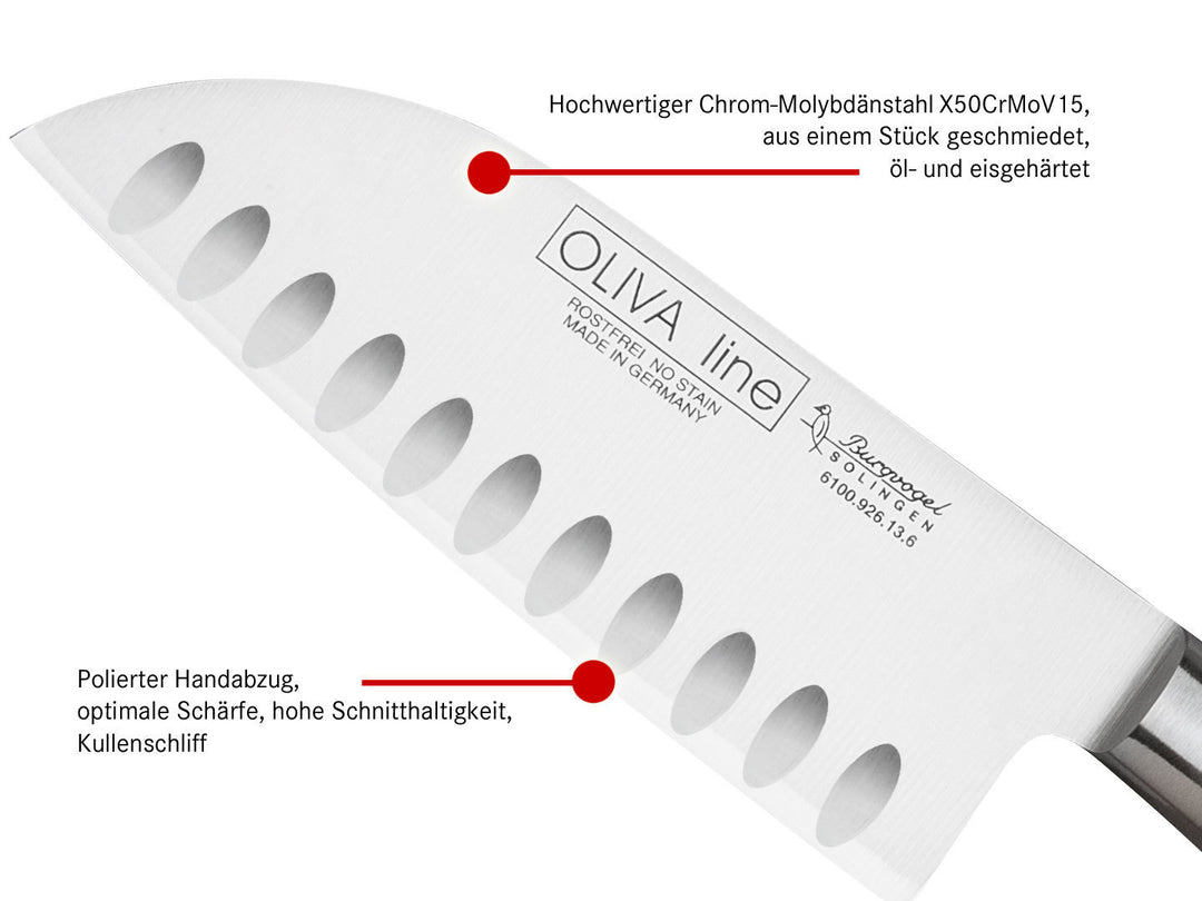BURGVOGEL Solingen Santoku-Messer Kullenschliff OLIVA LINE 13 cm geschmiedet Holzgriff