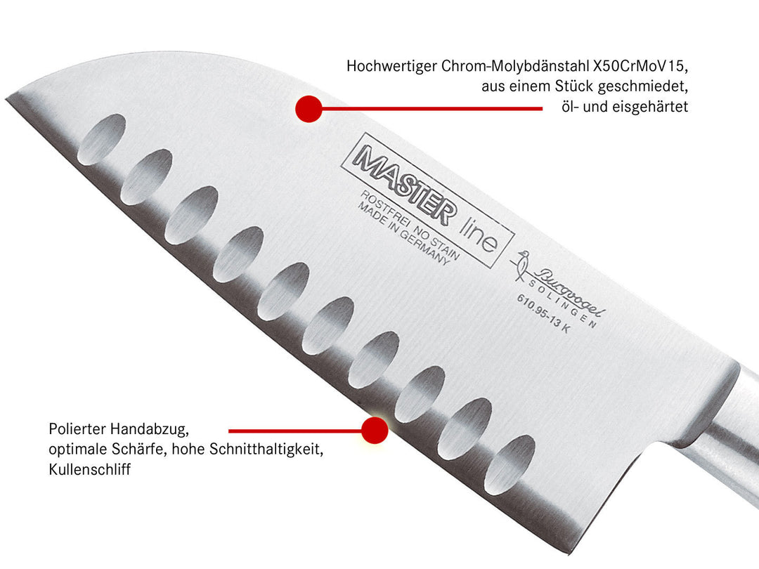 BURGVOGEL Solingen Santoku-Messer Kullenschliff MASTER LINE 13 cm geschmiedet Gravurplatte