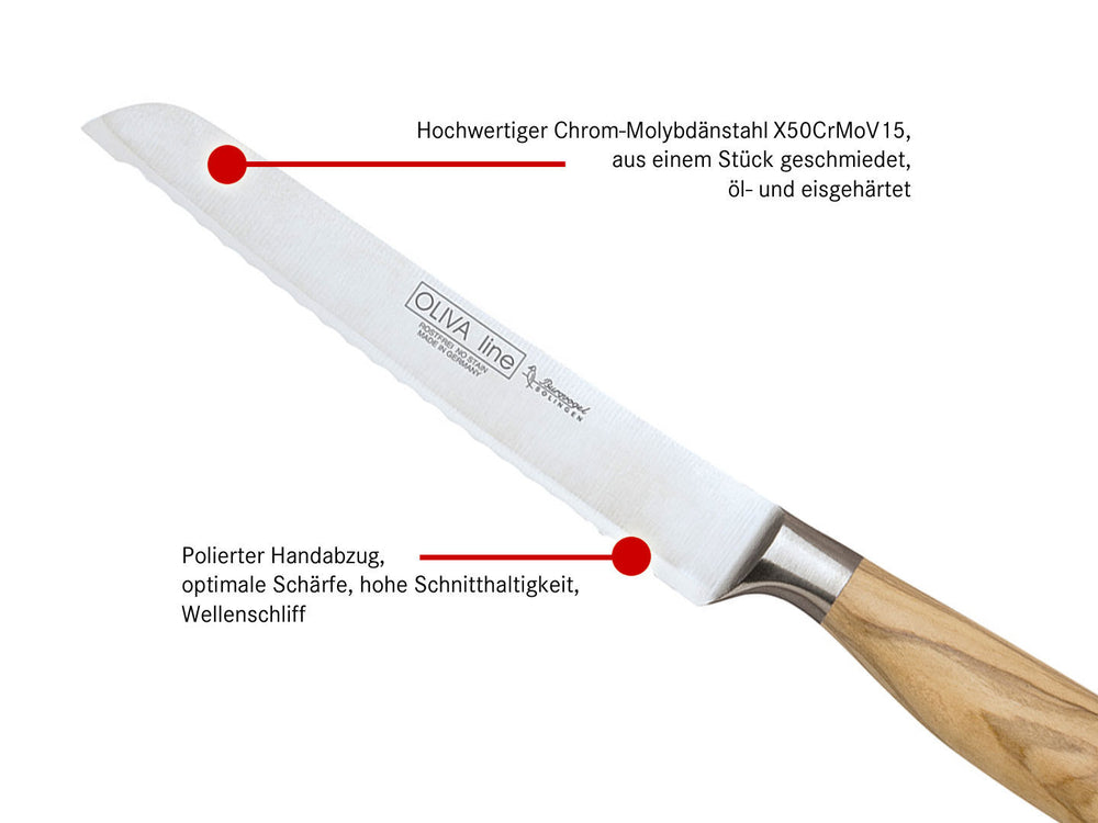 BURGVOGEL Solingen Brötchenmesser OLIVA LINE 13 cm geschmiedet Holzgriff