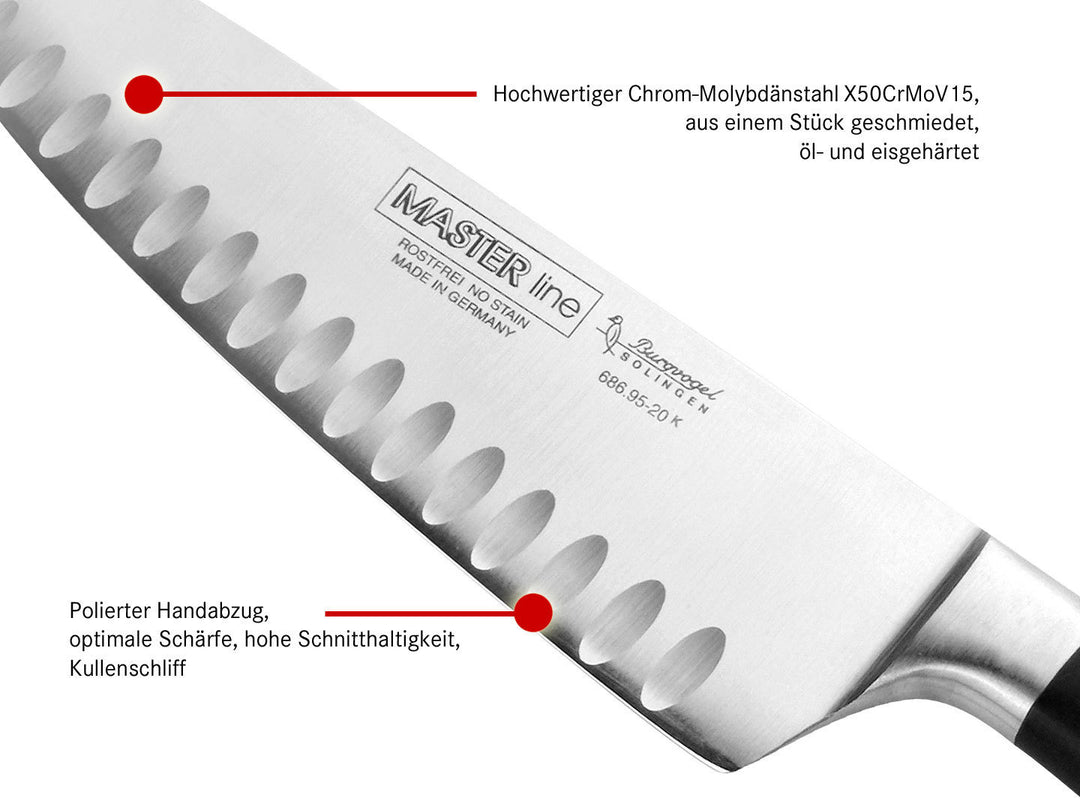 BURGVOGEL Solingen Kochmesser Kullenschliff MASTER LINE 20 cm geschmiedet Gravurplatte