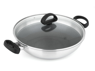 CARL SCHMIDT SOHN Wok mit Deckel PREMIUM 32 cm 3-ply Edelstahl Wabenboden Antihaft
