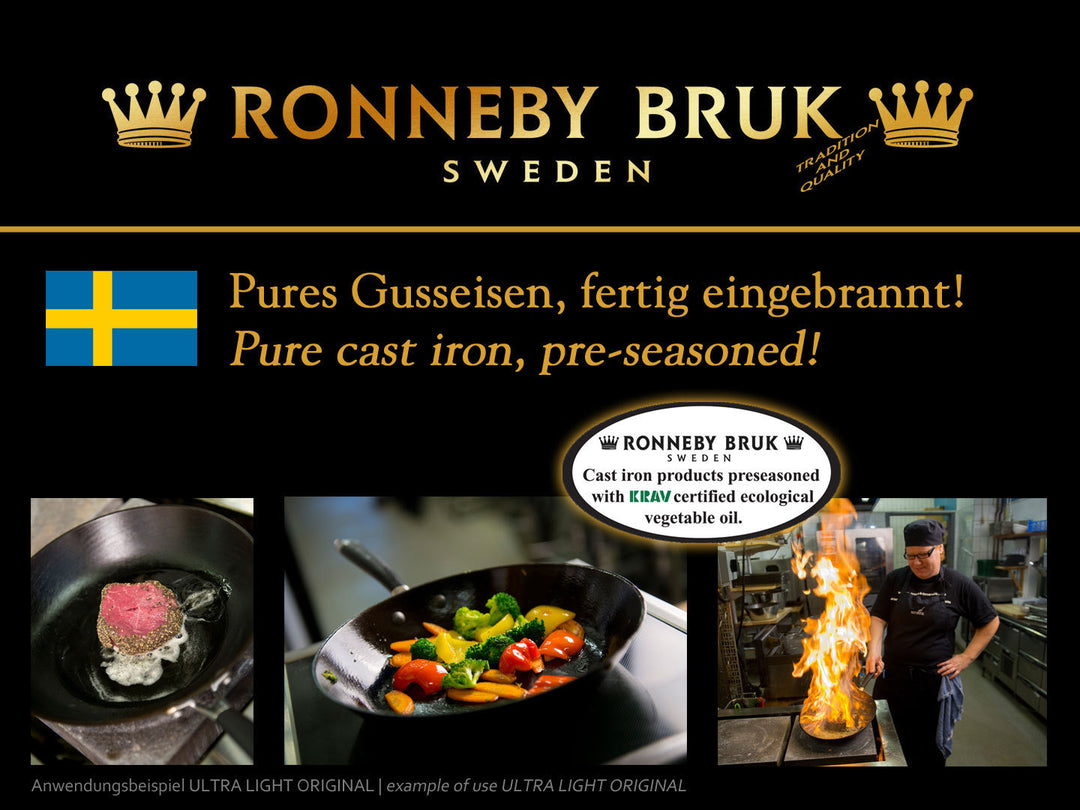 Cast iron cookware from Ronneby Bruk Sweden, pre-seasoned