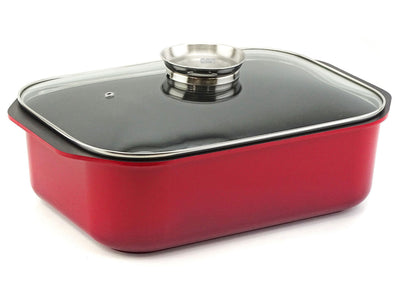 SSW Vierkant-Aromabräter GUSTO ROT Aluguss Bräter eckig + Glasdeckel mit Aromaknopf